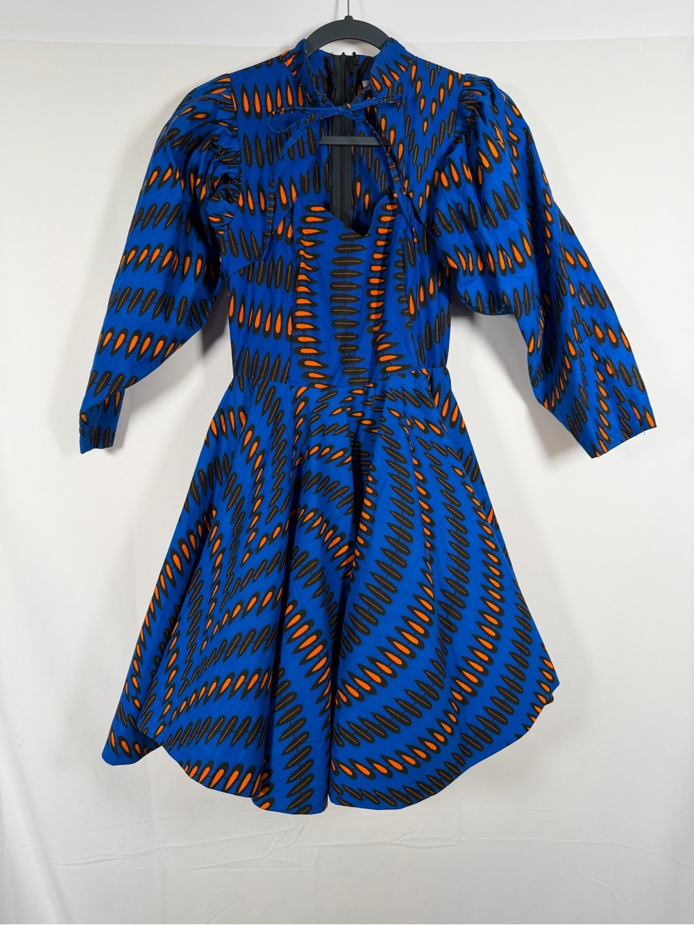 Grass-Fields Vibrant Blue‎ & Orange Printed Mini Dress with Puff Sleeves